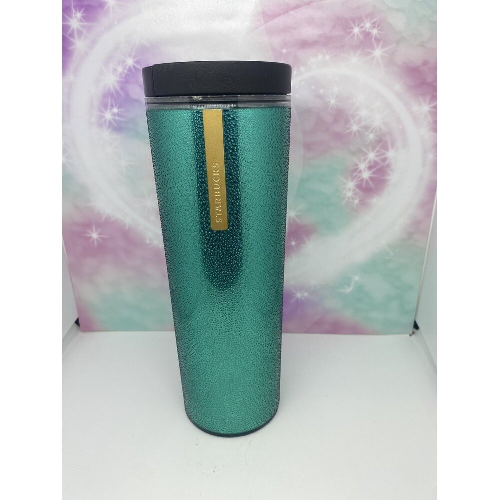 Starbucks Coffee Tumbler 2013 Sparkle Emerald Green Textured Gold Logo